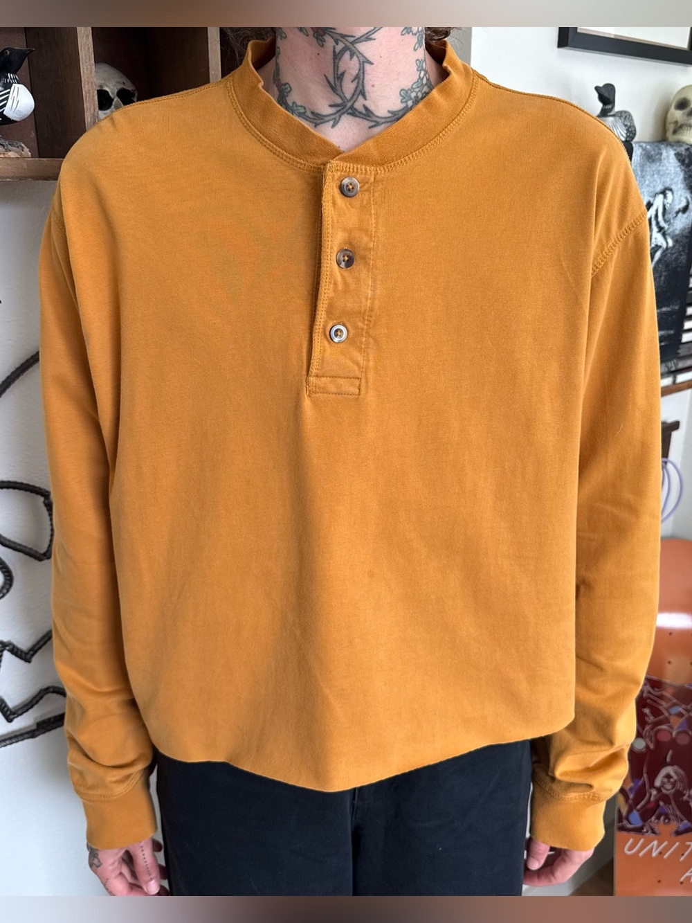 Cabela's Mustard Yellow Cropped Boxy Henley Long Sleeve Tee ~ Size Large